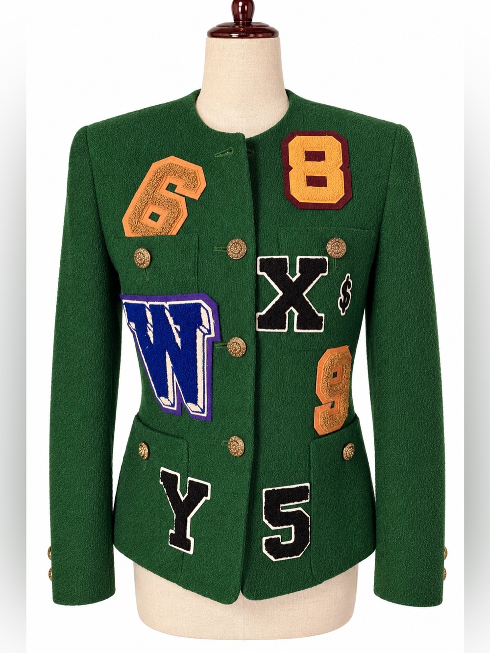 Upcycled varsity jacket / blazer. Forest green wool, fully lined, gold buttons S